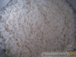 Пирог из сырой рыбы с луком и рисом: После того как рис будет готов откинуть на дуршлаг. Рис следует охладить.