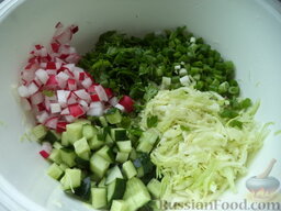 Салат из белокочанной капусты, огурцов и редиса: Все ингредиенты выложить в миску.