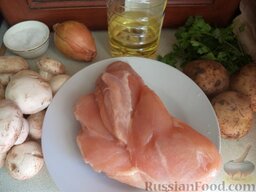 Куриный суп с шампиньонами: Продукты для супа с шампиньонами и курицей перед вами.