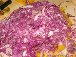 Салат из краснокочанной капусты: Тонко нашинковать капусту, залить ее уксусом и дать постоять 30 минут.   Маринад слить. Капусту посолить и помять руками.