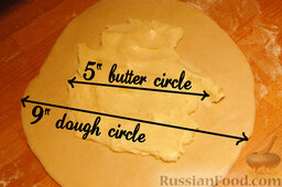 Французские круассаны: Раскатайте тесто в круг диаметром около 22-23 см.  Выложите на тесто ваше масло (пласт размером 12-13 см).