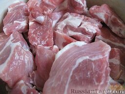 Шашлык в кефире: Мясо режем на примерно одинаковые по размеру куски, кладем в большую кастрюльку или миску.