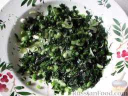 Ботвинья: Затем добавить к зеленой массе мелко нарезанный зеленый лук, перетертый с солью и укропом до появления сока.