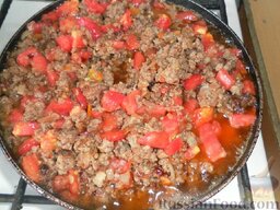 Гречка с мясным фаршем, луком, морковью и томатами: Затем добавляем помидоры, томатную пасту, соль, черный и красный перец, молотую паприку.