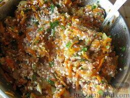 Болгарский перец, фаршированный мясом и рисом: Смешать тщательно мясо, рис, морковь, лук и зелень. Посолить и поперчить.
