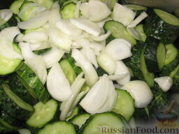 Сырой салат из огурцов на зиму: Добавить нарезанный тонкими полукольцами лук.