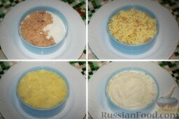 Советская классика: салат "Мимоза": Половина рыбы.     Достаем масло из морозилки. Натираем 1 кубик на мелкой терке.   Сверху выкладываем четверть картофеля, смазываем 1,5 кофейными ложками майонеза.