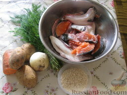 Суп из семги: Для супа из семги вам понадобятся: набор рыбы, картофель, лук, рис и зелень.