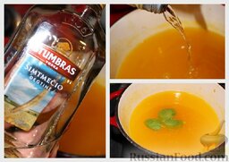 Апельсиновый ликёр: Даём хорошенько остыть.  В слегка тёплый сироп заливаем водку.  Кидаем пару листиков мяты.