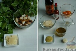 Американская классика: салат Цезарь: Продукты, которые нам потребуются для приготовления двух порций салата Цезарь и для приготовления соуса Цезарь.