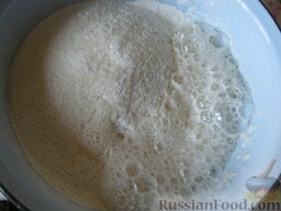Плацинда с тыквой: Молоко смешать с сахаром, солью и растительным маслом, добавить гашеную уксусом соду.