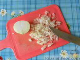 Мясные тефтели с рисом и овощами в томатном соусе: Очищенный лук мелко нарезаем.