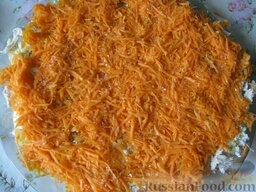 Салат "Шапка Мономаха": Затем слой моркови, присолить и слой майонеза.