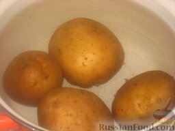 Пирог из лаваша: Вскипятить в кастрюле воду. Опустить в нее картофель. Посолить. Варить до готовности.