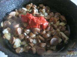 Курица тушеная в томатно-грибном соусе: Добавить к грибам 1 ст. ложку томатной пасты, все перемешать.