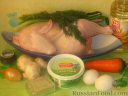 Салат "Курочка Ряба": Подготовить продукты (если курица целая, отделить грудку от курицы).