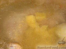 Куриный суп по-домашнему: Отправить картофель в бульон. Варить 5 минут.