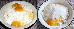 Творожные сырники: Разделим получившуюся крошку на две равные части: одна часть пойдет на нижний слой, другая  – на верхний. Все, с этим разобрались, идем дальше.    Начинаем готовить начинку.  Берем еще одну чашку, пересыпаем в нее творог, разбиваем туда же яйца и добавляем сахар.
