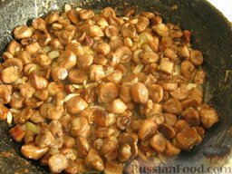 Суп с грибами и семгой: Почистить и помыть лук и грибы. Порезать кубиками. Разогреть сковороду, налить 3 ст. ложки растительного масла. Обжарить овощи на среднем огне помешивая минут 5-7, посолить и поперчить.