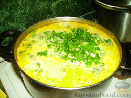 Сырный суп с брокколи: Доводим сырный суп до кипения, добавляем зелень.