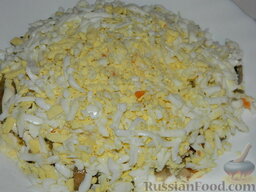 Салат "Подсолнух" с кукурузой и грибами: Яйца натрите на крупной терке.