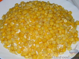 Салат "Подсолнух" с кукурузой и грибами: Последний слой - кукуруза. Распределите ее по салату так, чтоб она накрывала его полностью.