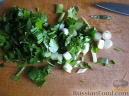 Лепешки с творогом и зеленью: Зелень петрушки и зеленый лук помыть и мелко нарезать.