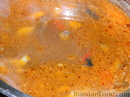 Зимний суп-солянка из капусты: Добавить в бульон овощи, посолить, поперчить по вкусу, по желанию добавить лавровый лист. Варить до мягкости всех овощей.
