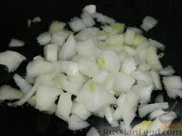 Зимний суп-солянка из капусты: Тем временем очистить репчатый лук, нарезать кубиками, обжарить на разогретом в сковороде растительном масле минуты 3.