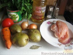 Рагу с куриным филе и горошком: Подготовить продукты для рагу из курицы с овощами.