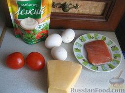 Салат из красной рыбы "Флагман": Продукты для салата с красной рыбой.