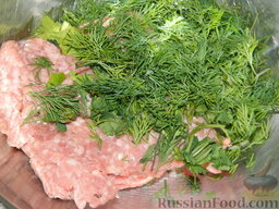 Мясные котлеты с зеленью: Зелень вымыть, обсушить и измельчить. Смешать с фаршем и луком. Если у вас мясо куском, нарежьте его мелкими кусочками.