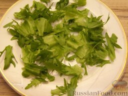Салат из авокадо с апельсинами: Листья салата вымыть, порвать на небольшие кусочки. Выложить салат на большую плоскую тарелку.