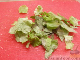 Салат из яблок с грецкими орехами: Отобрать 1-2 салатных листа для украшения. Остальные порезать или порвать руками.