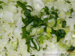 Салат "Кальмаровый дар": Добавить нарезанный колечками зеленый лук. Все тщательно перемешать и подавать салат из кальмаров с рисом и огурцами к столу.