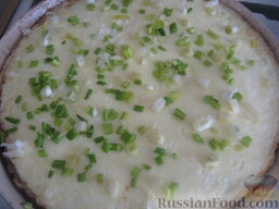 Омлет по-болгарски: Затем добавить измельчённый зелёный лук. Выложить готовый омлет в тарелку.