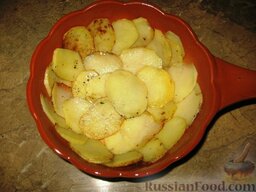 Картофель "Дипломат": Полуобжареными кружочками картофеля обложить дно и стенки формы для запекания,  смазанной маслом.
