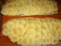 Рыба в картофельной чешуе: Выложить кружочки картофеля на рыбное филе в виде черепицы и хорошо прижать с помощью бумажного полотенца или салфетки.   Картофель немного посолить и посыпать сухим базиликом.