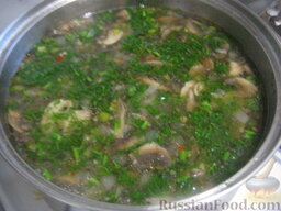 Гречневый суп с шампиньонами: За минуту до выключения супа добавить зелень. Гречневый суп из шампиньонов готов.