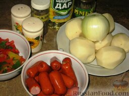 Картофельное рагу с колбасой: Продукты для картофельного рагу с колбасой.