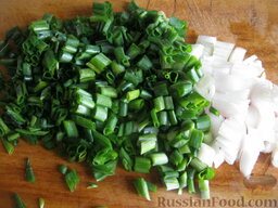 Плацинды с творогом и зеленым луком: Тем временем сделать начинку. Помыть и порезать мелко зеленый лук.