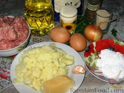 Мясной рулет в сырно-картофельной оболочке: Такие продукты нужны, чтобы приготовить мясной рулет в сырно-картофельной оболочке.