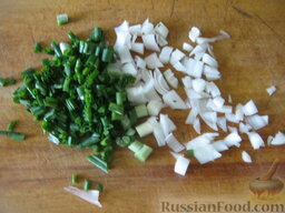 Куриные оладьи с сыром на кефире: Лук зеленый помыть и нарезать.