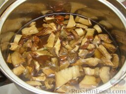 Суп из сушеных грибов с лапшой: Переложить в кастрюлю, залить водой, в которой они замачивались. Поставить на средний огонь. Варить 10 минут.