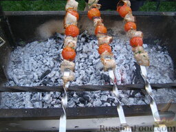 Шашлыки из свиной вырезки: Обжарить шашлык, время от времени переворачивая, на горячих углях до готовности.
