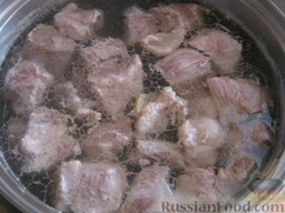 Суп харчо из свинины: Как приготовить суп харчо из свинины:    Мясо помыть, нарезать кубиками примерно 3х3 см. Залить мясо холодной водой, дать закипеть. По мере закипания снимать мясной шум. Накрыть крышкой, варить на самом маленьком огне 40 минут.