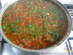Суп харчо из свинины: Добавить в суп чеснок и зелень. Накрыть суп харчо из свинины крышкой, снять с огня. Дать настояться 15-20 минут.