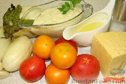 Запеченные баклажаны с сыром и помидорами: Ингредиенты для приготовления запеченных баклажанов с сыром и помидорами.