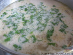 Сырный суп с грибами: Добавить зелень. Можно подавать. Сырный суп с грибами готов.