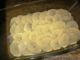 Картофельный гратен с овощами: Выложить слой картофеля в форму для запекания так, чтобы кружочки шли слегка внахлест.